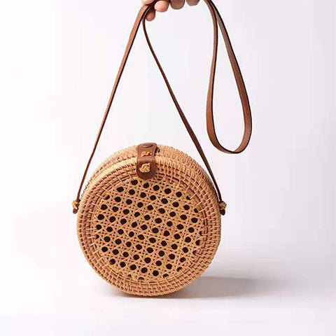 Woven Rattan Circle Bag Round Purses Crossbody Beach Bags