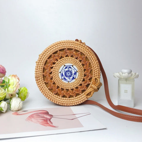 Woven Rattan Circle Bag Round Purses Crossbody Beach Bags