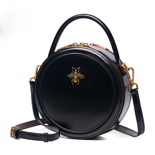 Black Round Leather Canteen Bumblebee Circle Crossbody Bag Purse | Annie Jewel