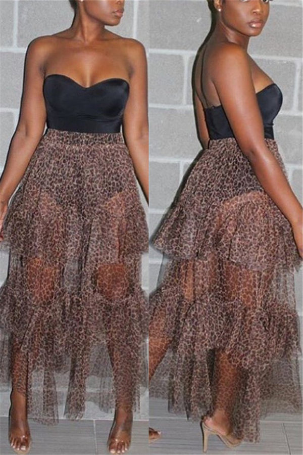 Leopard Printed Net Yarn Sheer Skirt