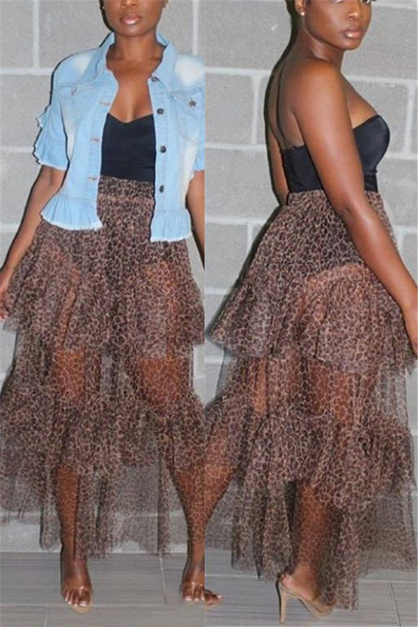 Leopard Printed Net Yarn Sheer Skirt