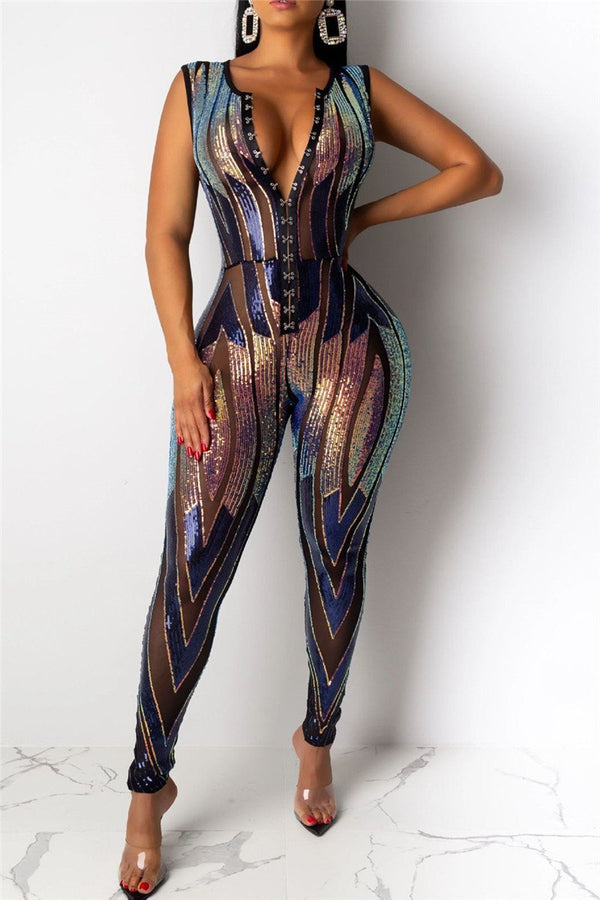 Net Yarn Sequins Splicing Jumpsuit