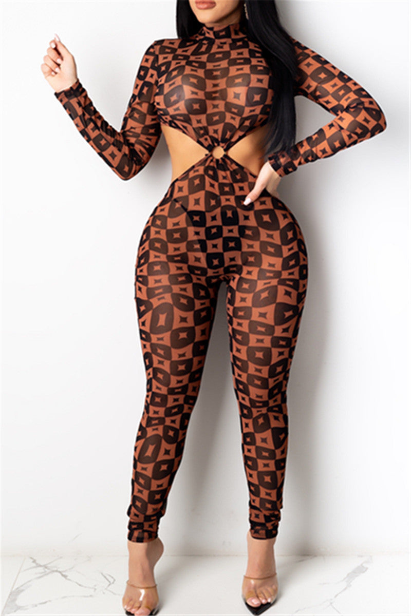 Printed Hollow Out Bodycon Jumpsuit