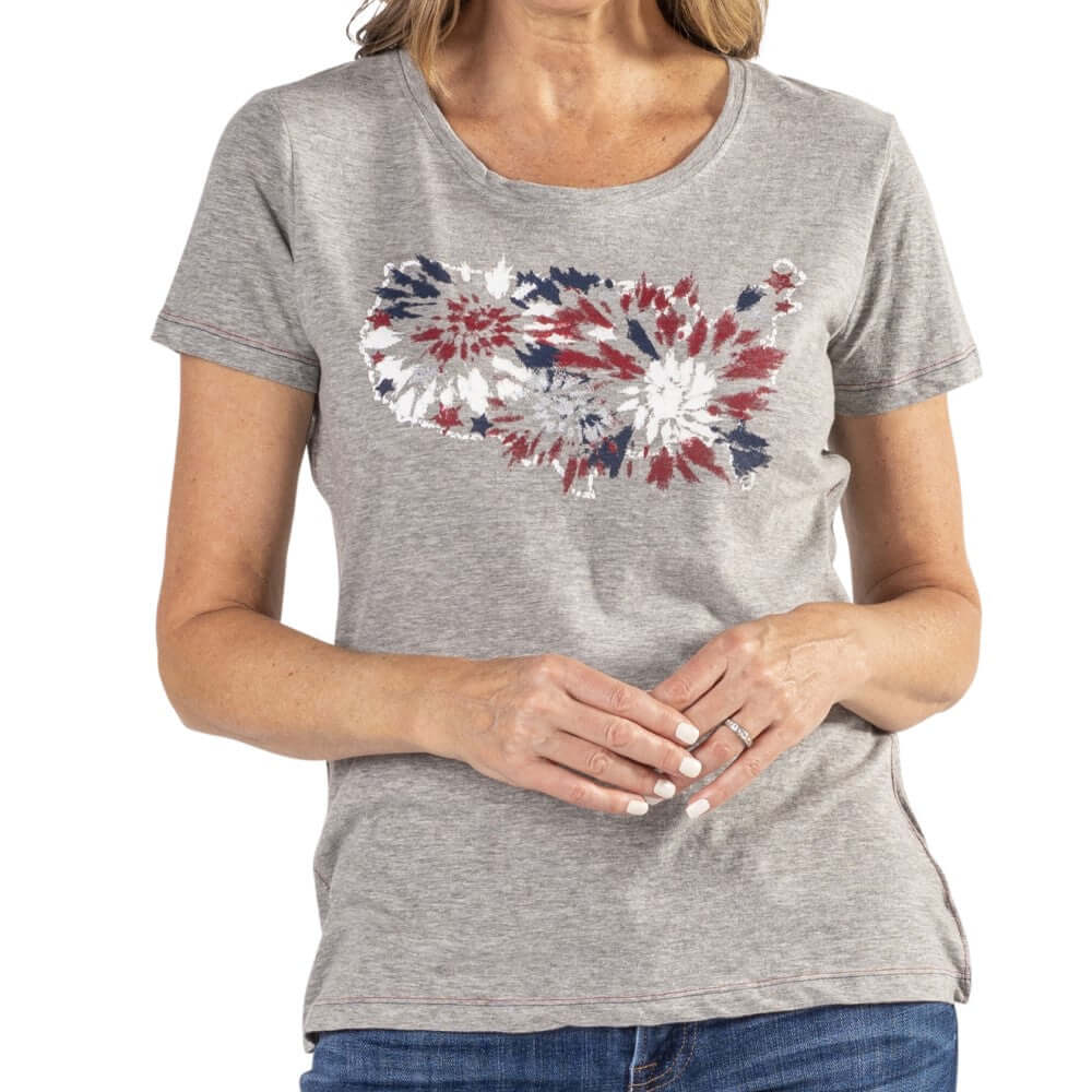 Life Is Good Women's Tie Dye Patriotic Eagle Short Sleeve Crusher T-Shirt in Heather Grey Size Medium | Cotton Blend