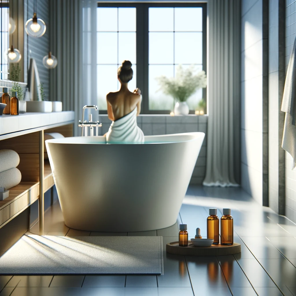 stylish bathroom with women getting in bath with here essential oils