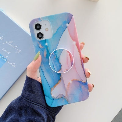 Frosted Watercolor Marble TPU Protective Case with Airbag Holder For iPhone 11 Pro(Baby Blue)