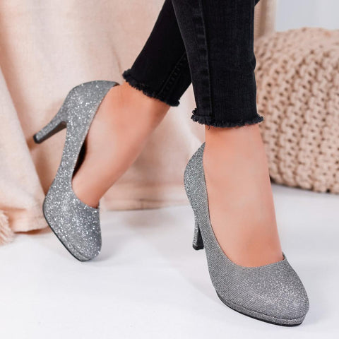 boutique arena pantofi dama argintii sclipici toc inalt subtire