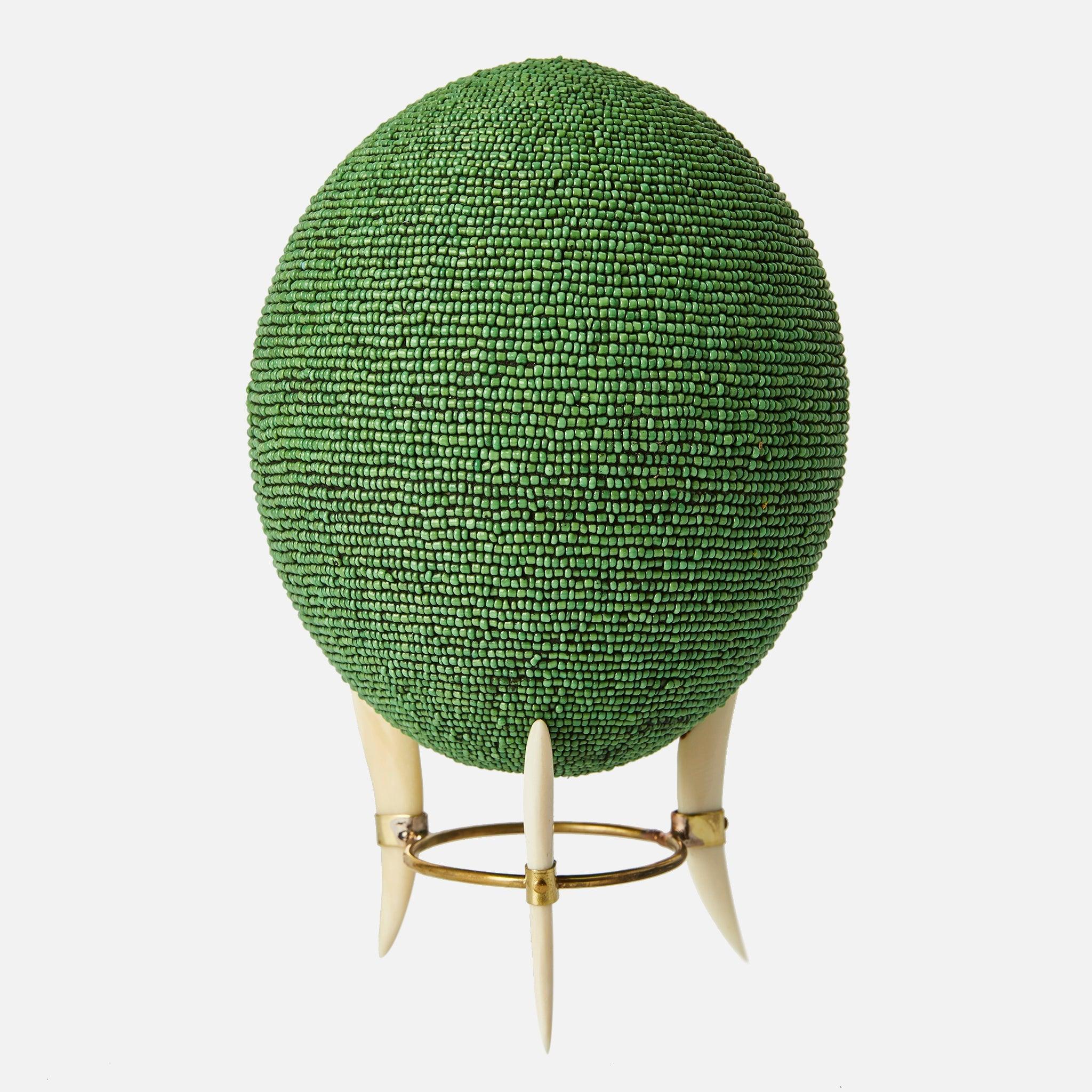 Image of Green Beaded Ostrich Egg Decorative Object