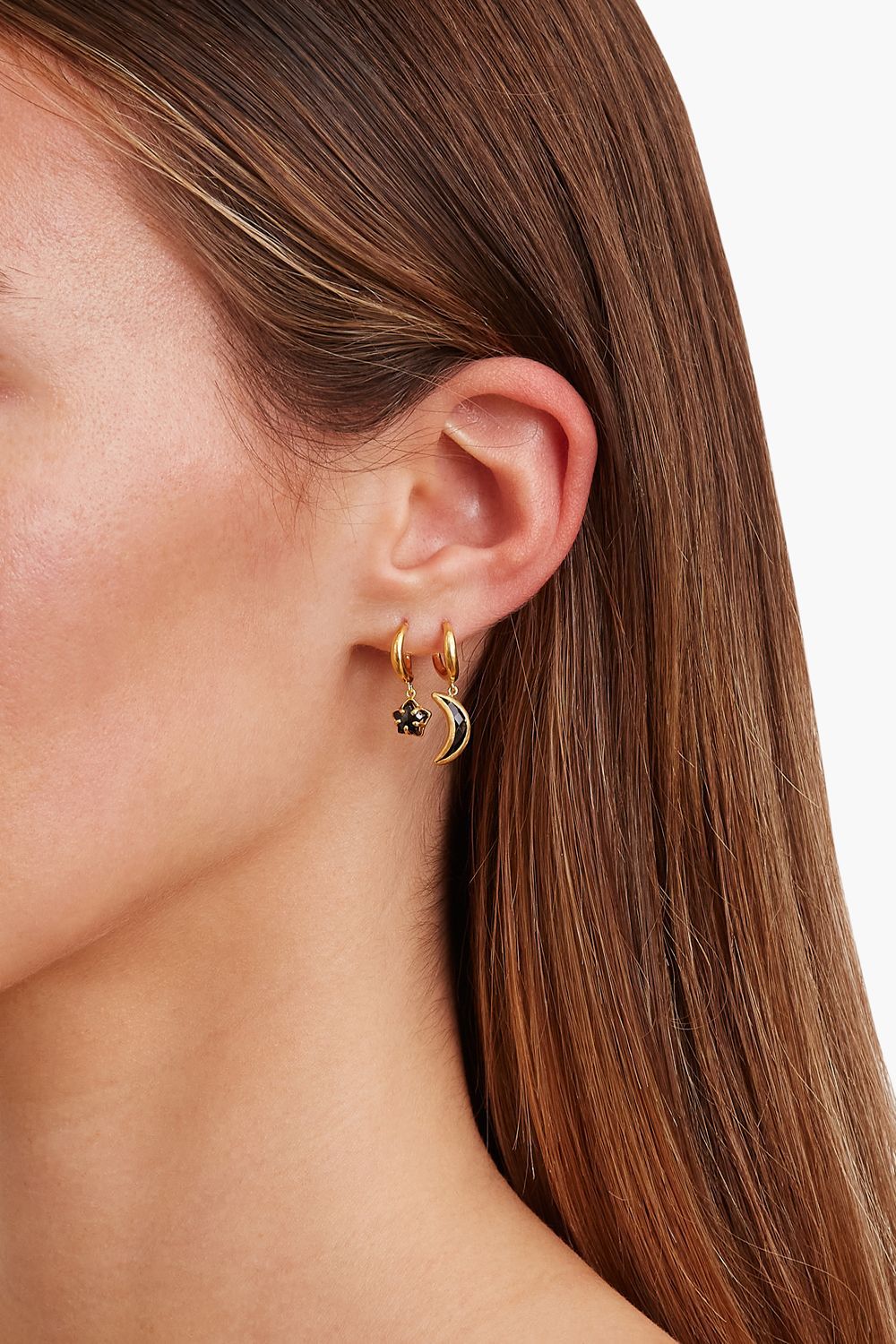 Black Spinel Star Mini Hoop Gold Earrings