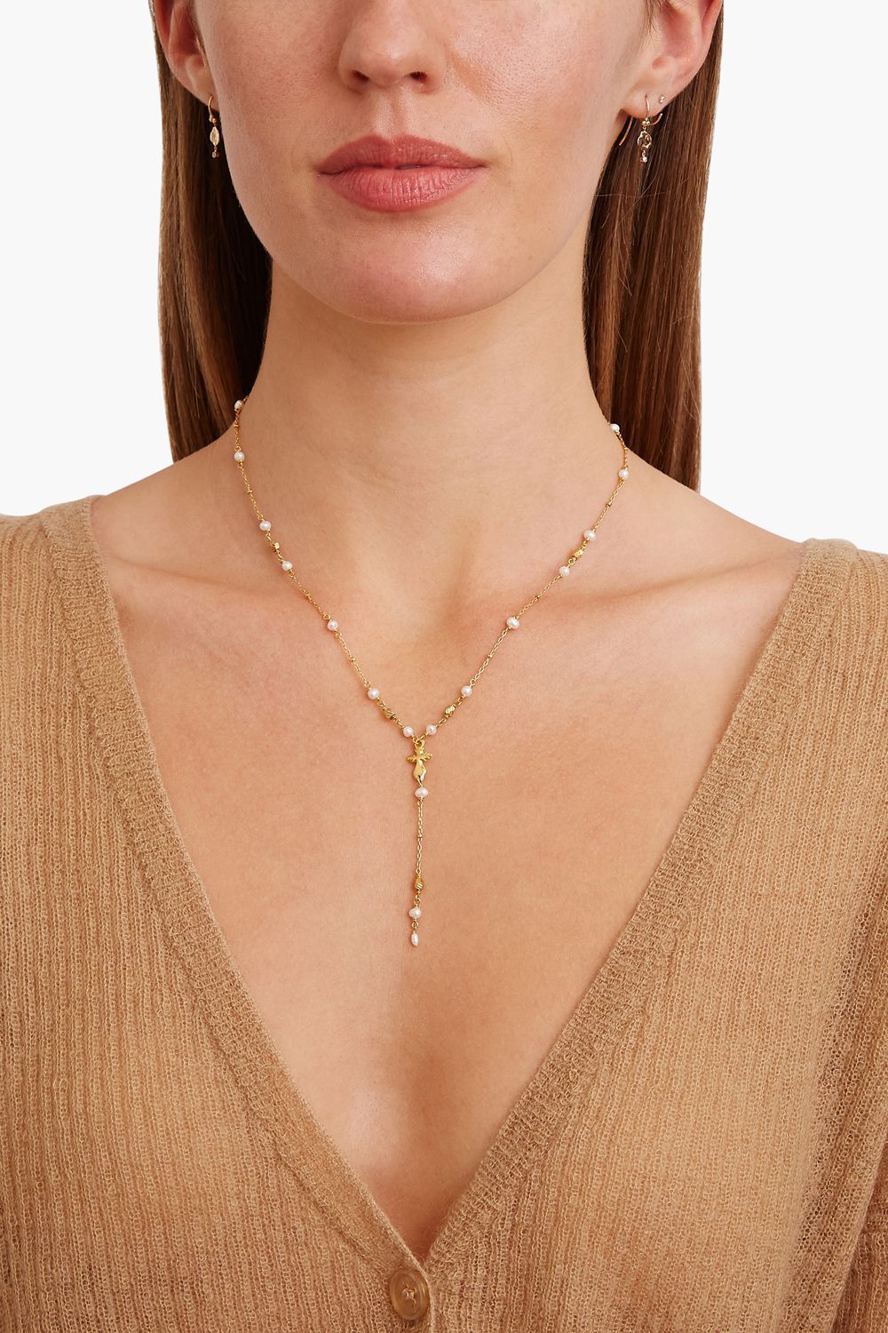 White Pearl and Petite Dagger Gold Lariat Necklace