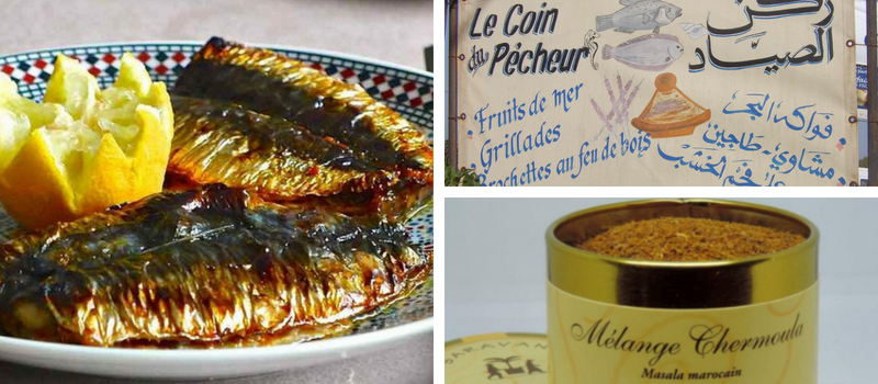 marinade marocaine saravane avec ses sardines grillées et la façade du restaurant marocain