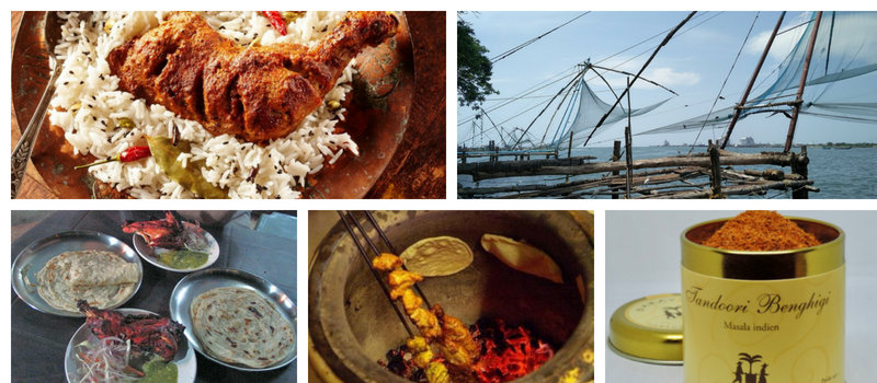 pêle mêle de photos de cuisine indienne et du port de cochin 