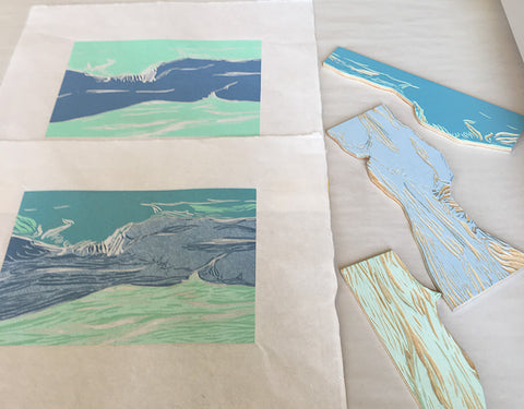 Appledore Blue, a jigsaw reduction woodblock print, in the making.