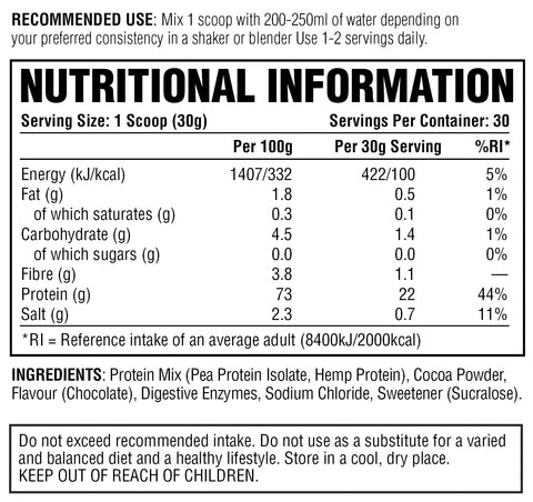 PER4M Vegan Protein Double Chocolate Nutritional Information