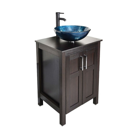 Complete Bathroom Vanity Set With Dark Brown Cabinet Blue Glass Sink Top And Faucet
