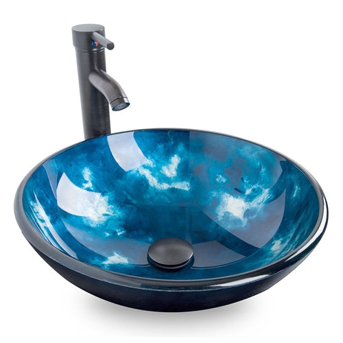 Complete Bathroom Vanity Set with Dark Brown Cabinet Blue Glass Sink T ...