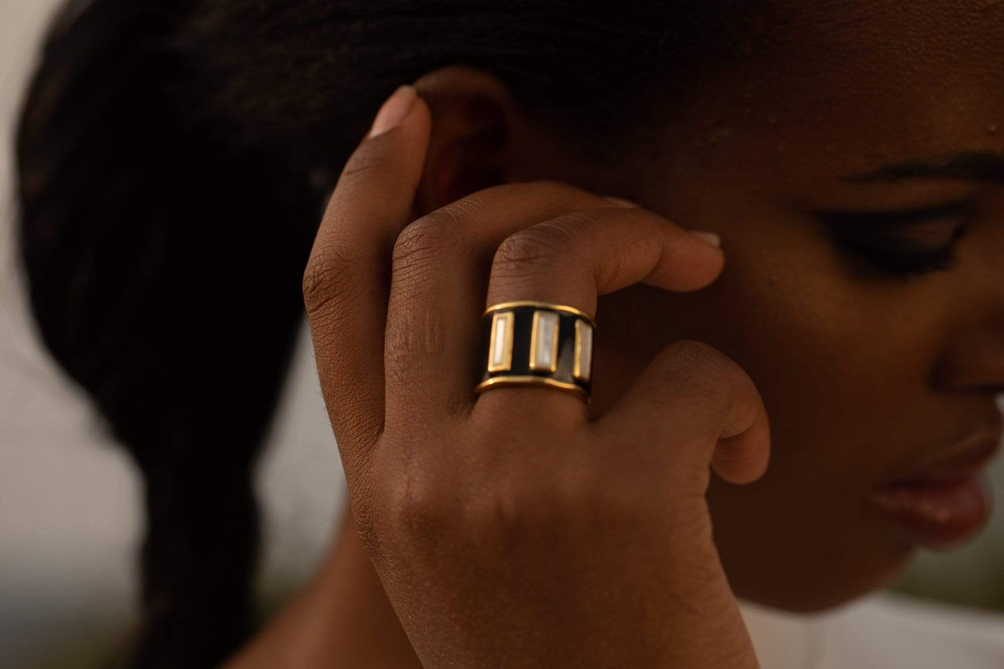 Gigi Black Enamel Banded Pearl Ring