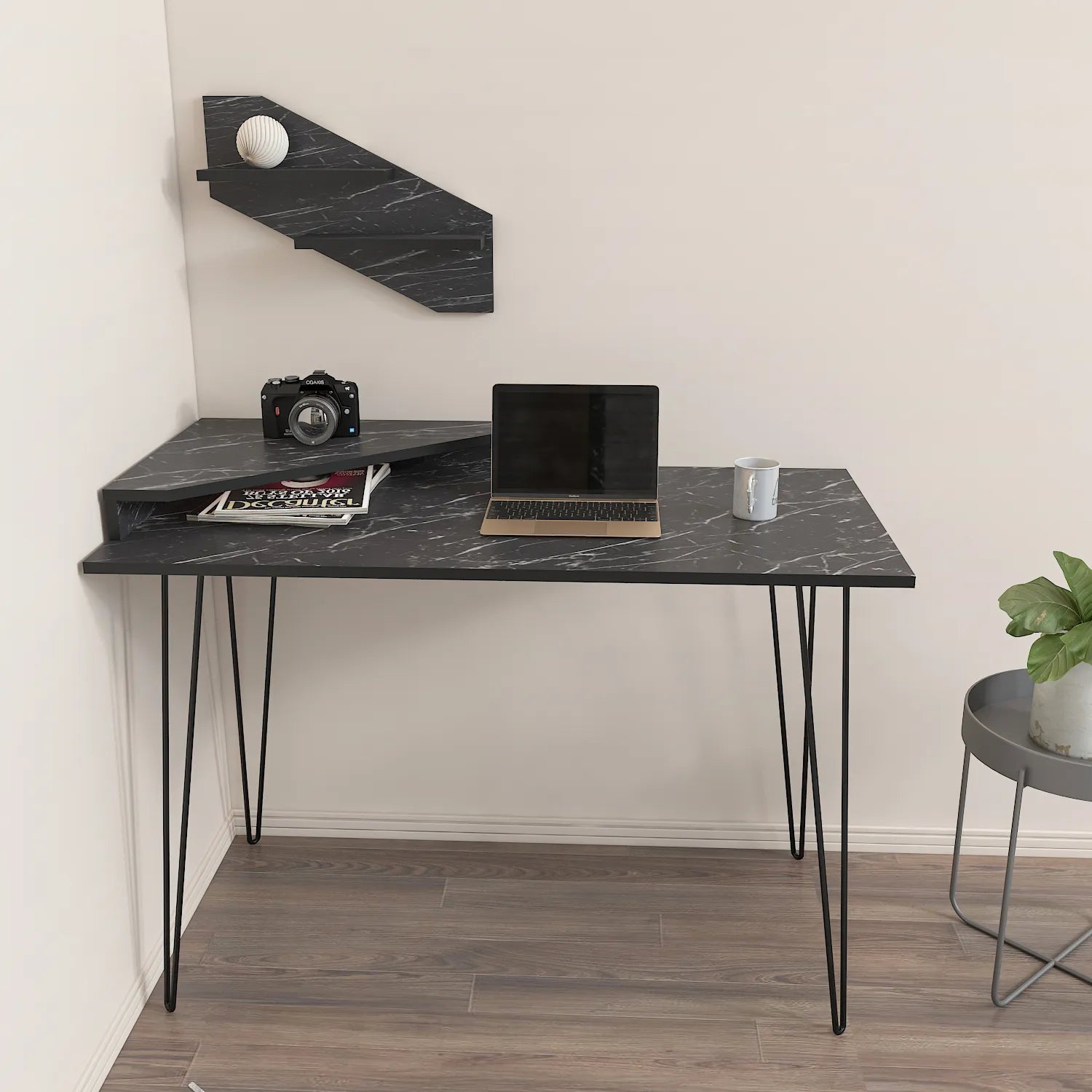 Decorotika Gama Computer Desk with Wall Cubby Shelf - Oud Oak & Black