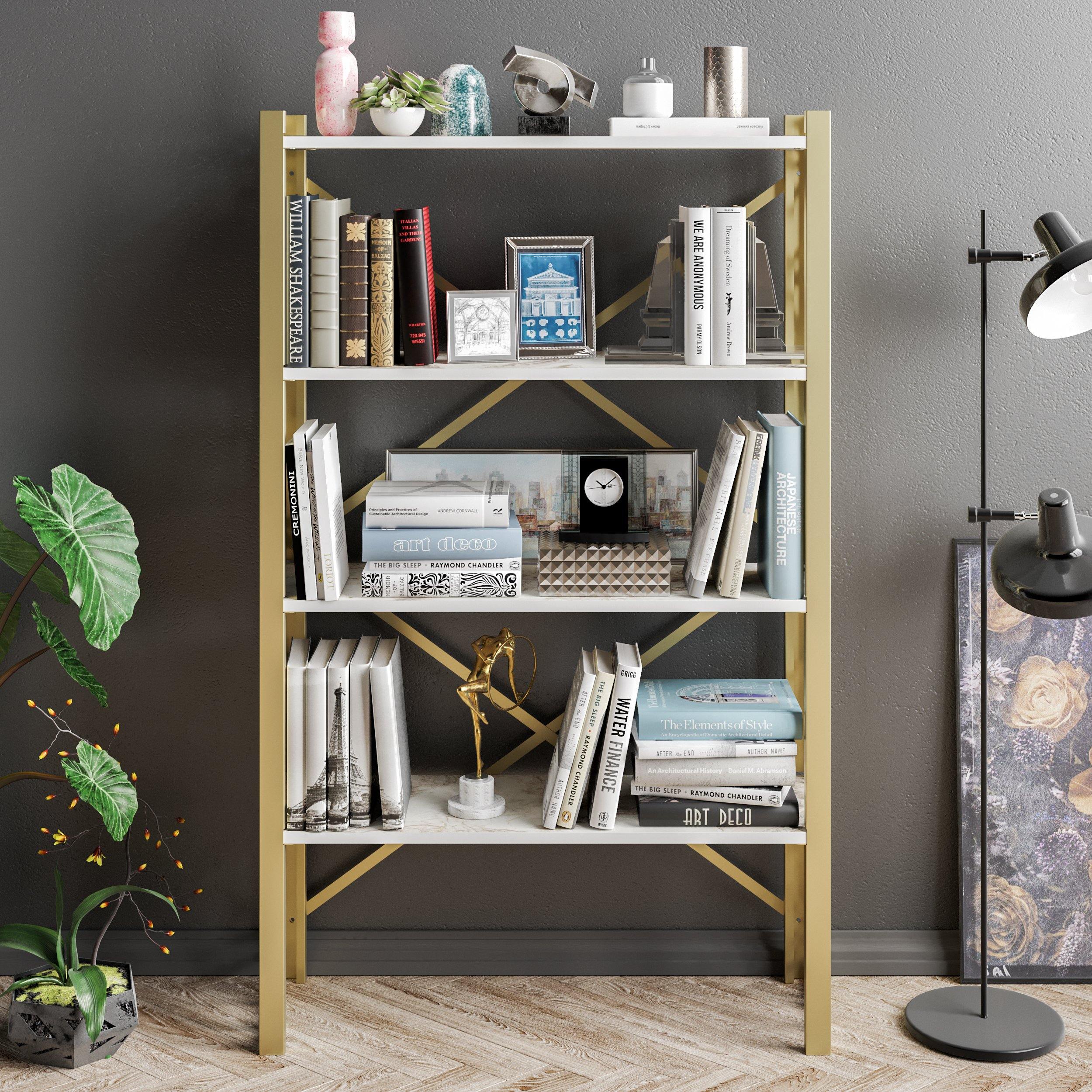 Jeni 63 Tall Metal Wood Bookcase | Bookshelf | Display Unit Silva Green & Gold