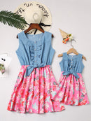 Mom And Me Family Fitted  Flower Denim Patchwork Sleeveless Kids Dress
