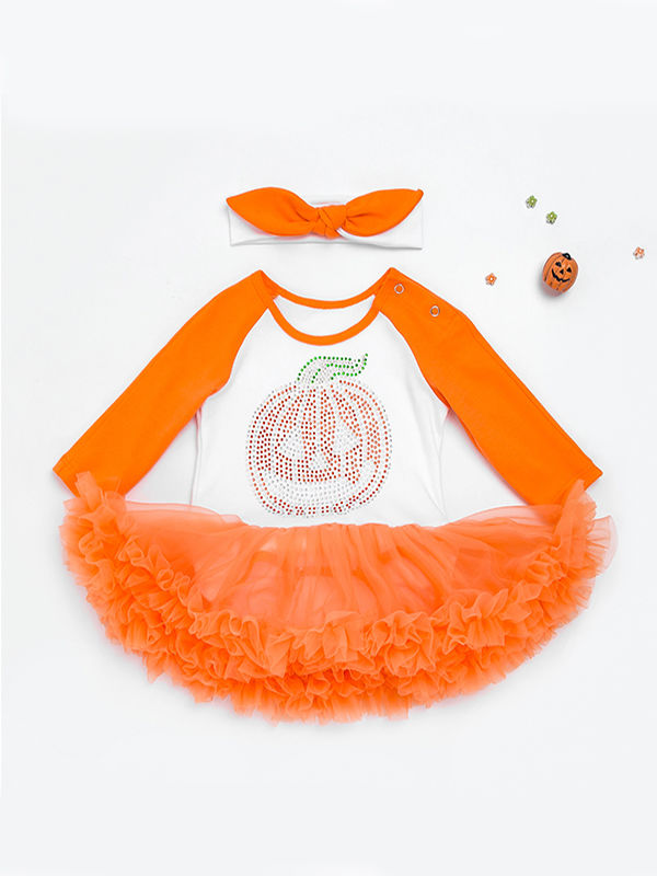 Halloween Baby Girls 2-piece Set Pumpkin Romper Dress+Headband