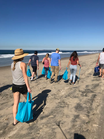 Pure Bliss Bikinis Team walking on beach to pick up trash