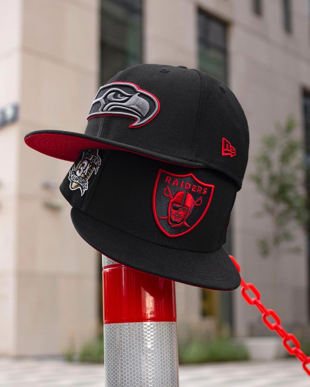 Black and Red Seahawks and Raiders Fitted Hats