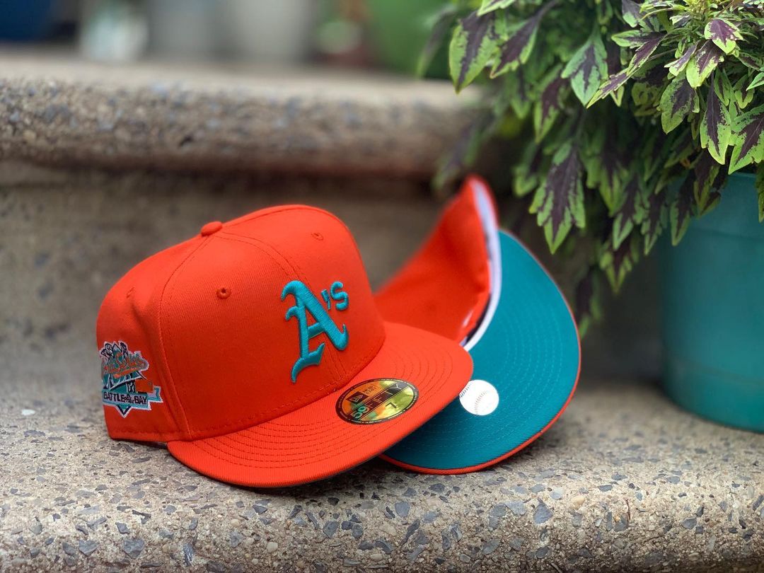 Tangerine Orange Fitted Hats With Turquoise Under Brim