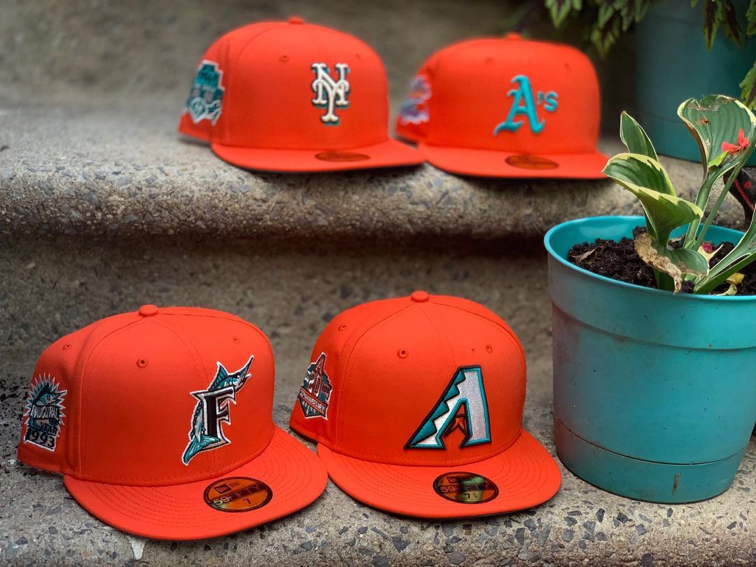 Tangerine Orange Fitted Hats With Turquoise Under Brim