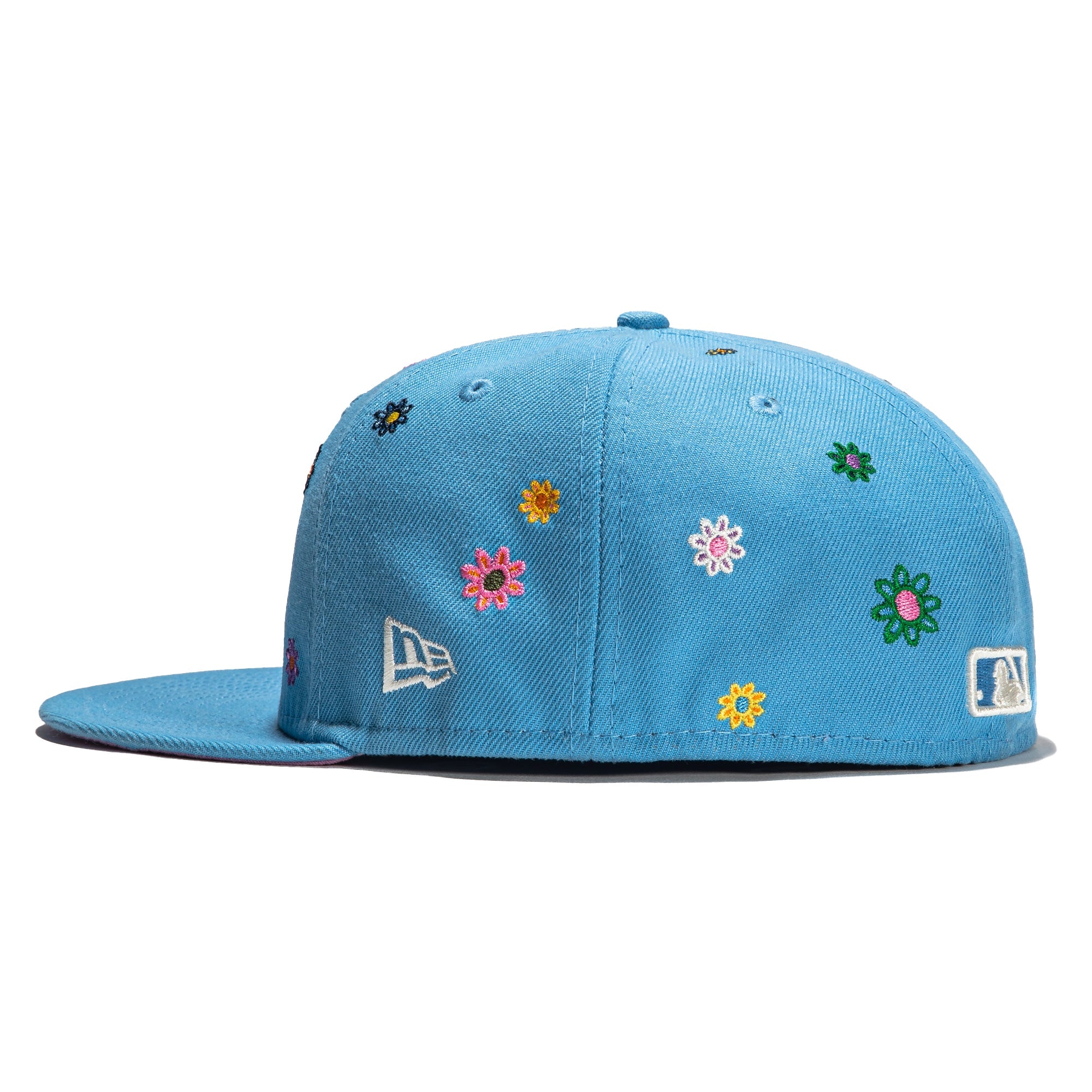 pink and light blue fitted hat blank