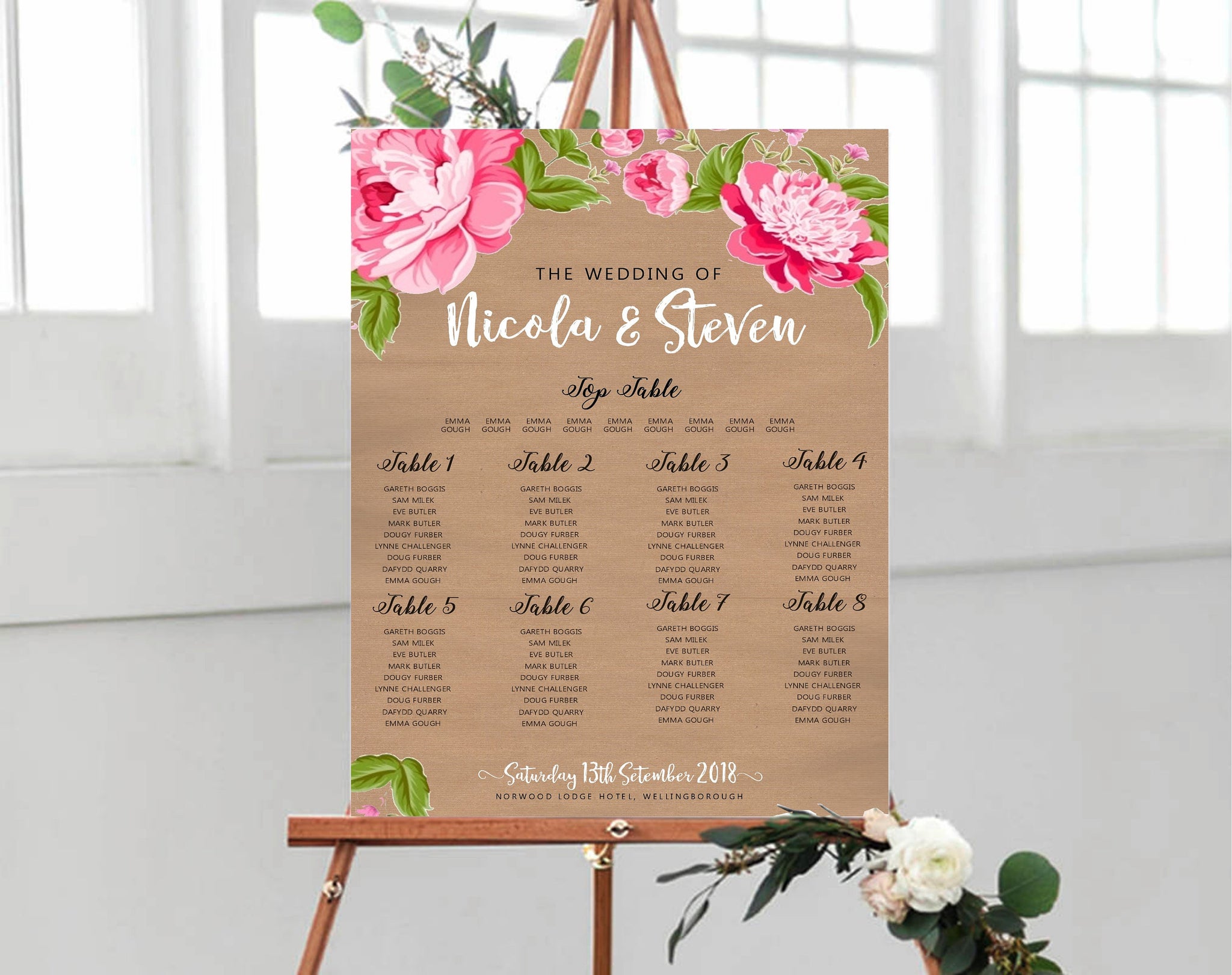 Wedding Table Plan Seating Plan Kraft Card Pink Peony Design