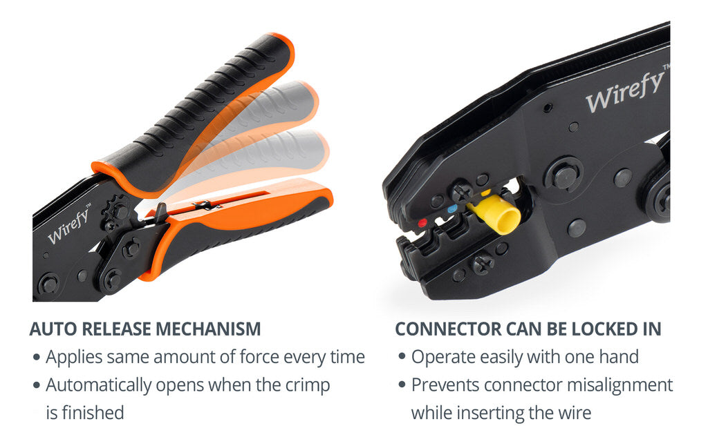 wirefy crimping tool designed for nylon connectors auto release mechanism connector can be locked in