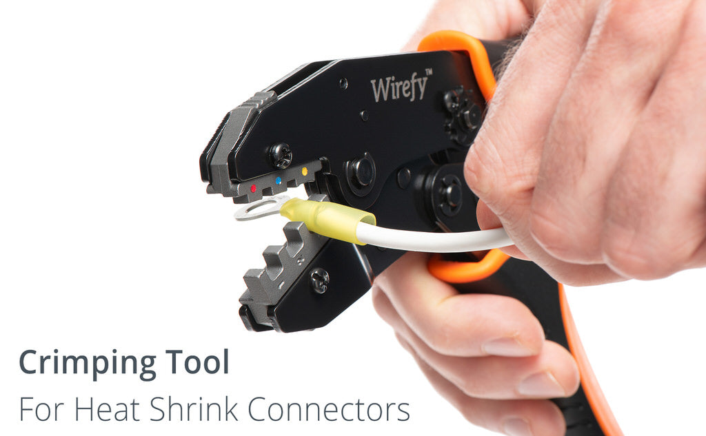 Wirefy crimping tool for heat shrink connectors
