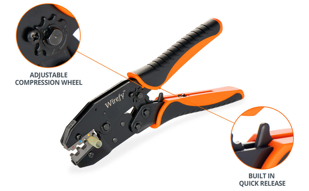 wirefy crimping tool for heat shrink connector quick release trigger adjustable compression wheel