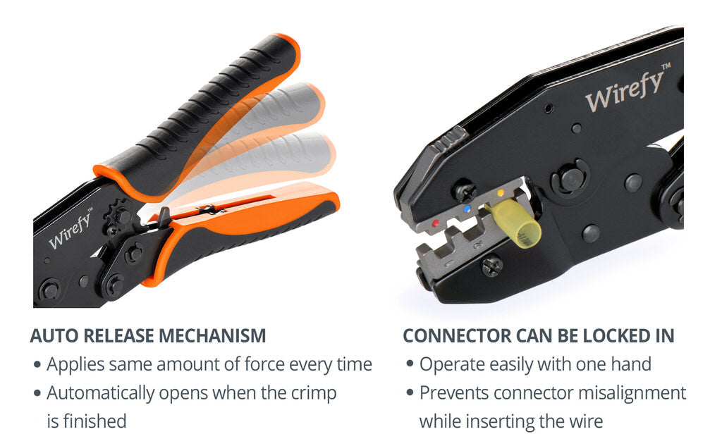 wirefy crimping tool for heat shrink connectors auto release mechanism connector can be locked in