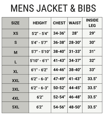 WindRider Size Chart for Mens Shirts and Jackets