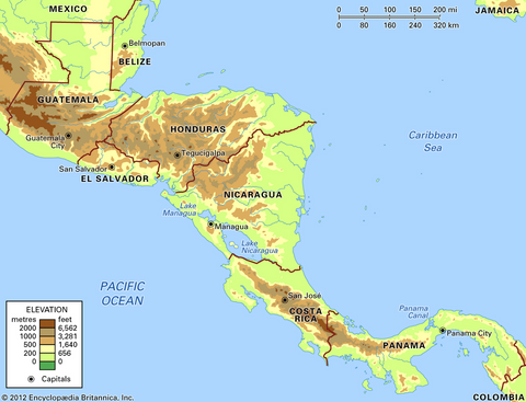 topographical map of central america, showing central uplands conducive to coffee growing