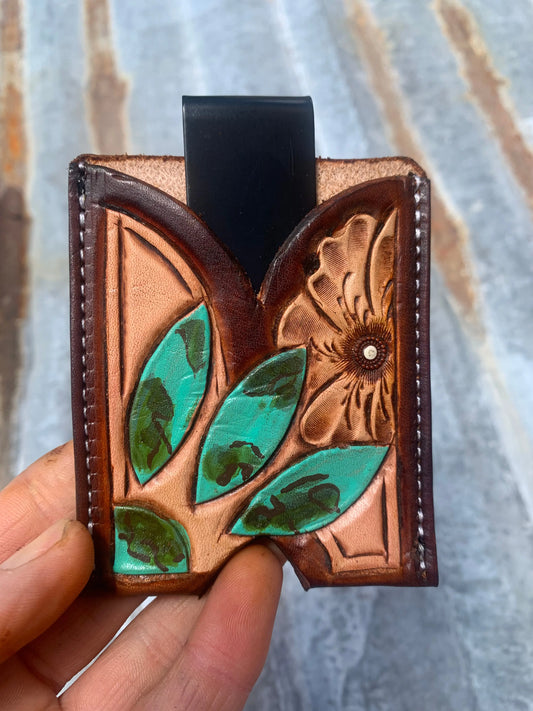 Tooled & Painted Leather Wallet with Turquoise – The Feathered Filly