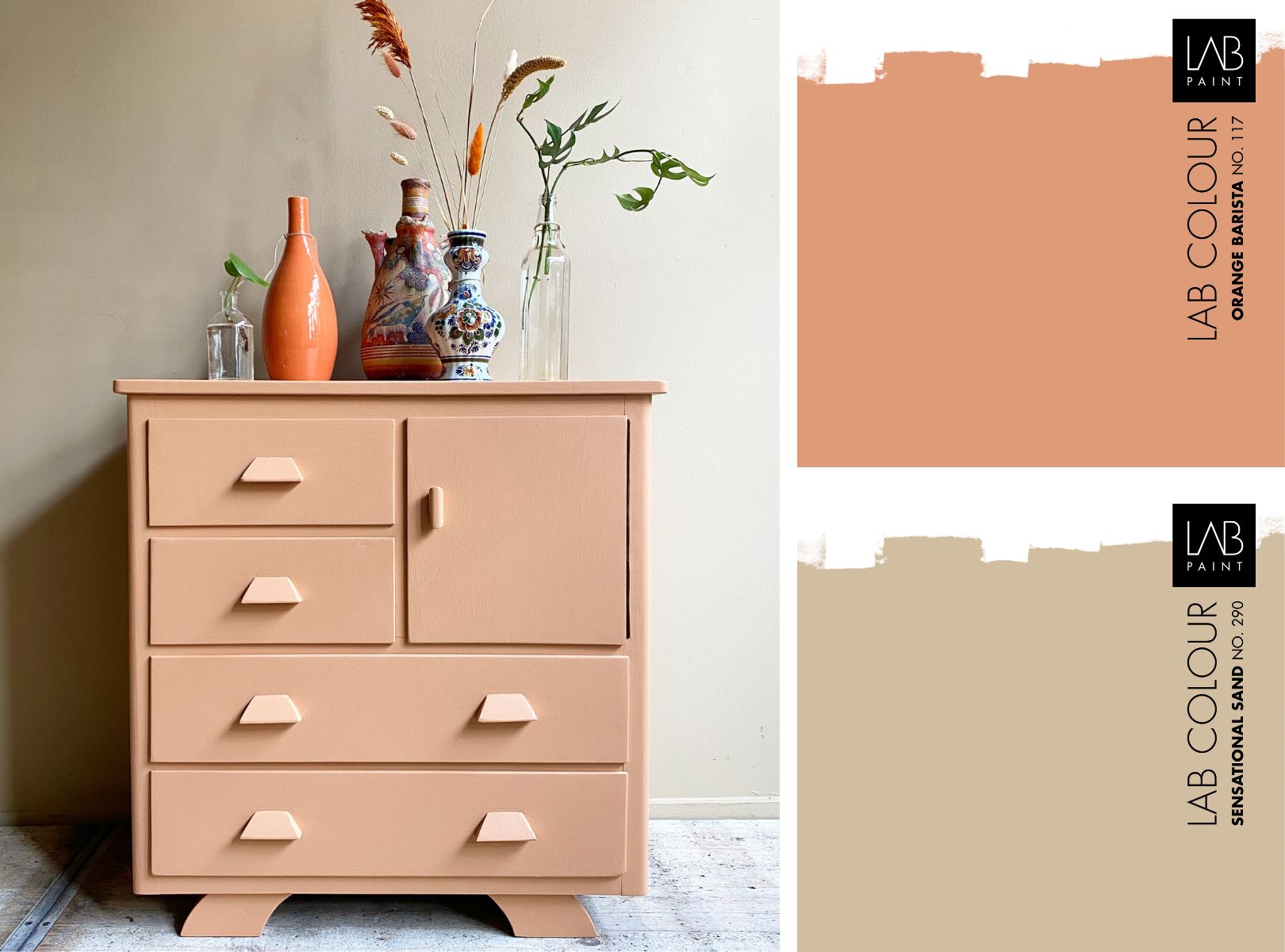 LAB Wallpaint Sensational Sand no. 290 LAB Binnenlak Orange Barista no. 117