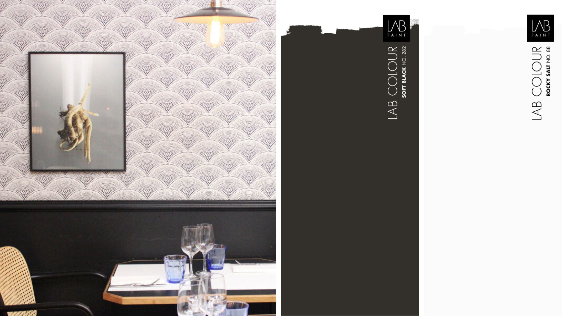 LBN Cole & Son Feather behang 89 4014 LAB Wallpaint Soft Black no. 282 Rocky Salt no. 88