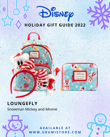 Loungefly Snowman Mickey and Minnie backpack, headband, and zip wallet