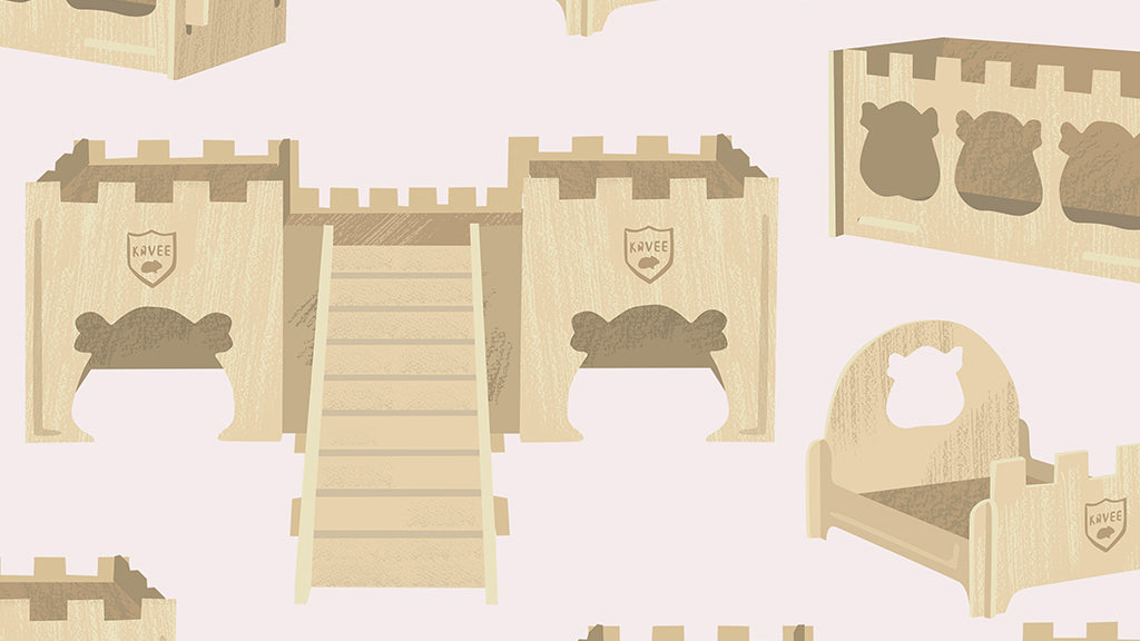 C&C cage designs for guinea pigs include lots of accessories. Pictured are Kavee's wooden accessories, including a guinea pig castle, a guinea pig bed, and a wooden hay rack.