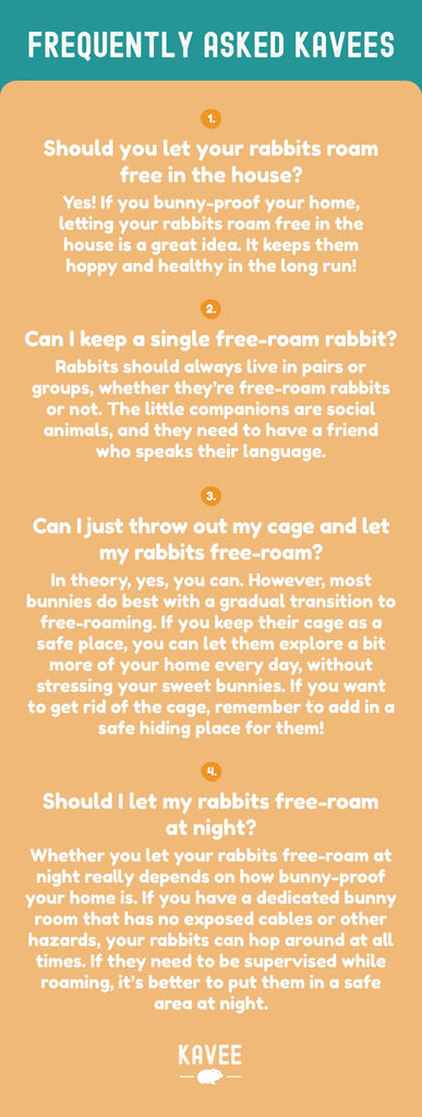 Frequently Asked Kavees - Q: Should you let your rabbits roam free in the house? A: Yes! If you create a safe free-roam rabbit set-up, letting your rabbits roam freely in the house is a great idea. It keeps them hoppy and healthy in the long run!  Q: Can I keep a single free-roam rabbit? A: Rabbits should always live in pairs or groups, whether they’re free-roam house rabbits or not. The little companions are social animals, and they need to have a friend who speaks their language.  Q: Can I just throw out my cage and make a new free-roam rabbit set-up? A: In theory, yes, you can. However, most bunnies do best with a gradual transition to free-roaming. If you keep their cage as a safe place, you can let them explore a bit more of your home every day, without stressing your sweet bunnies. If you want to get rid of the cage, remember to add in a safe hiding place for them!  Q: Should I let my rabbits free-roam at night? A: Whether you let your rabbits free-roam at night really depends on how bunny-proof your home is. If you have a dedicated bunny room that has no exposed cables or other hazards, your rabbits can hop around at all times. If they need to be supervised while roaming, it’s better to put them in a safe area at night.