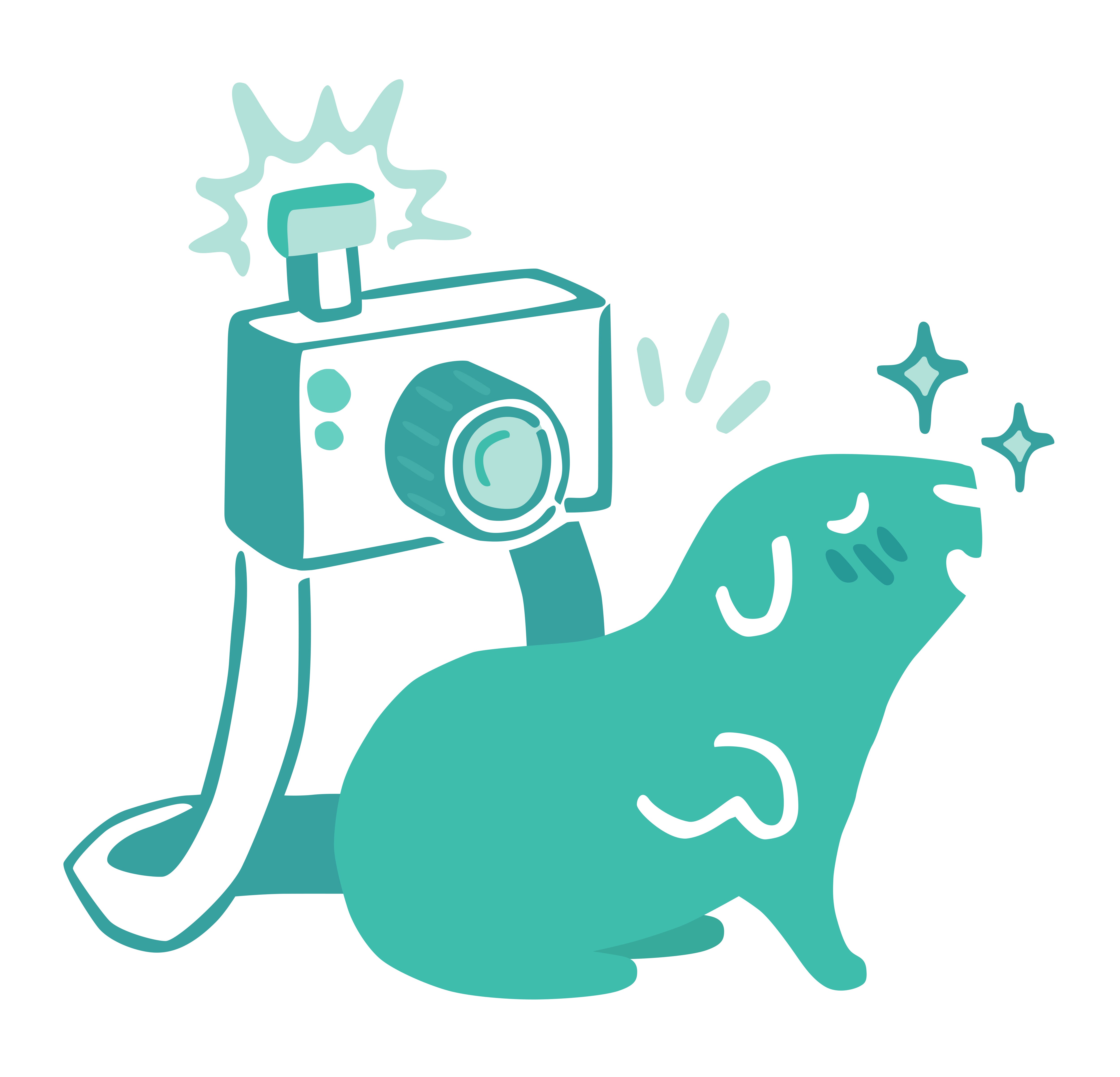 Illustration of a camera taking a photo of a happy, shining animal.