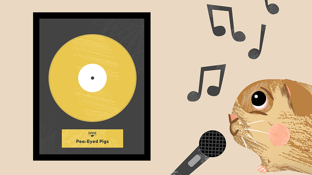 A guinea pig member of the music group The Pea-Eyed Pigs is pictured singing in front of a gold vinyl.