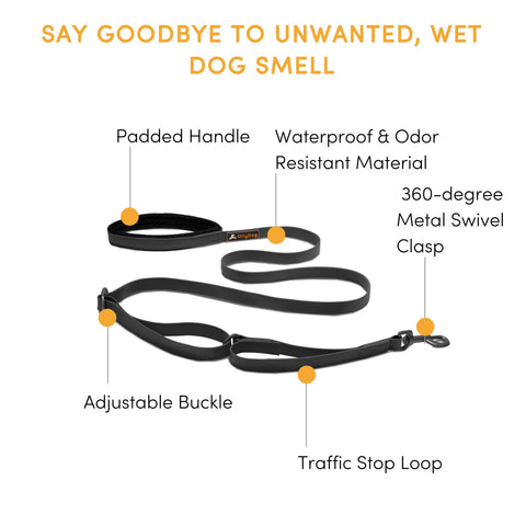 Image showcasing the features of the Tilden Waterproof Leash by OllyDog