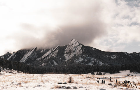 View of the flatirons in Boulder, Colorado during winter