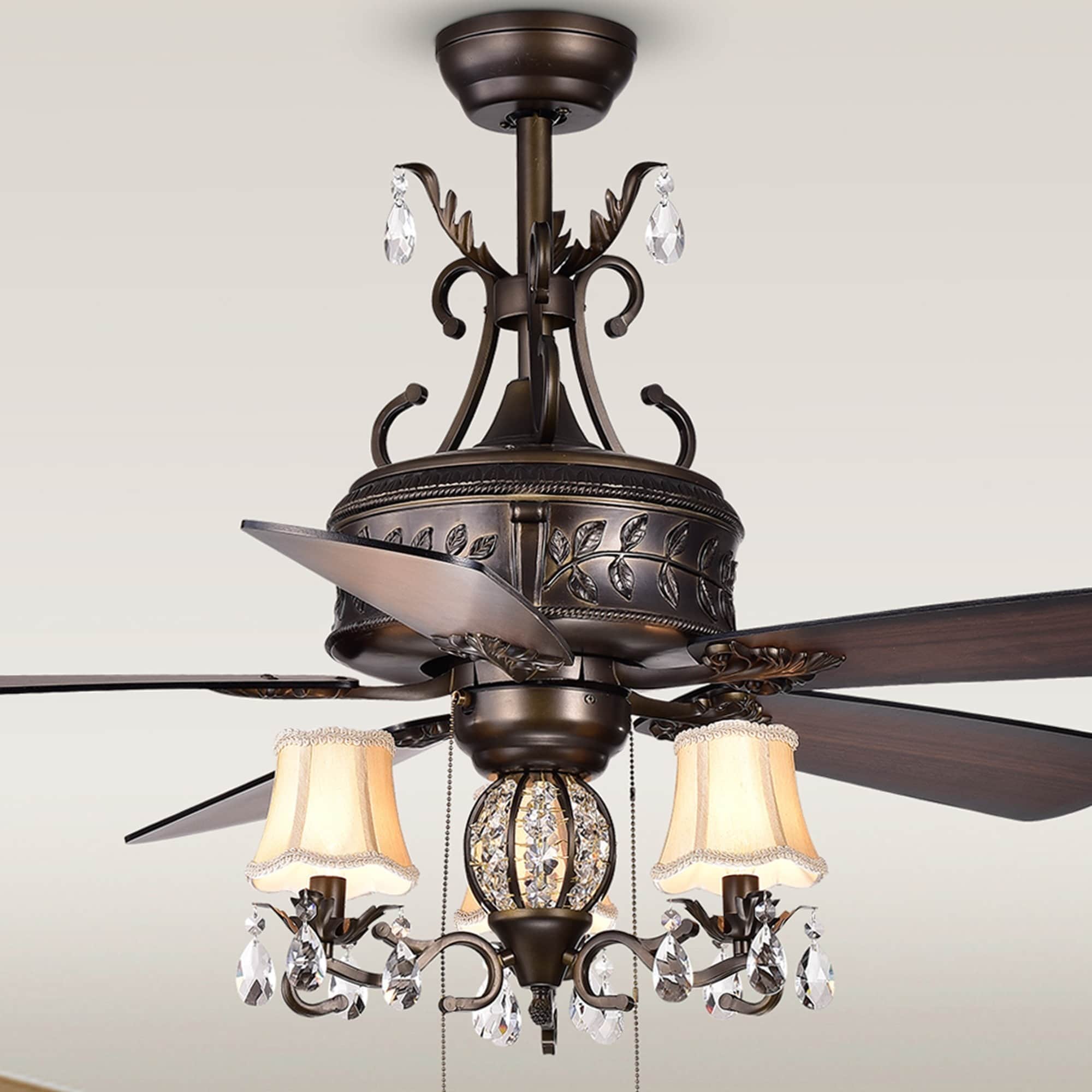 52 Inch Five Blade Antique Lighted Ceiling Fans With Branched French Chandelier