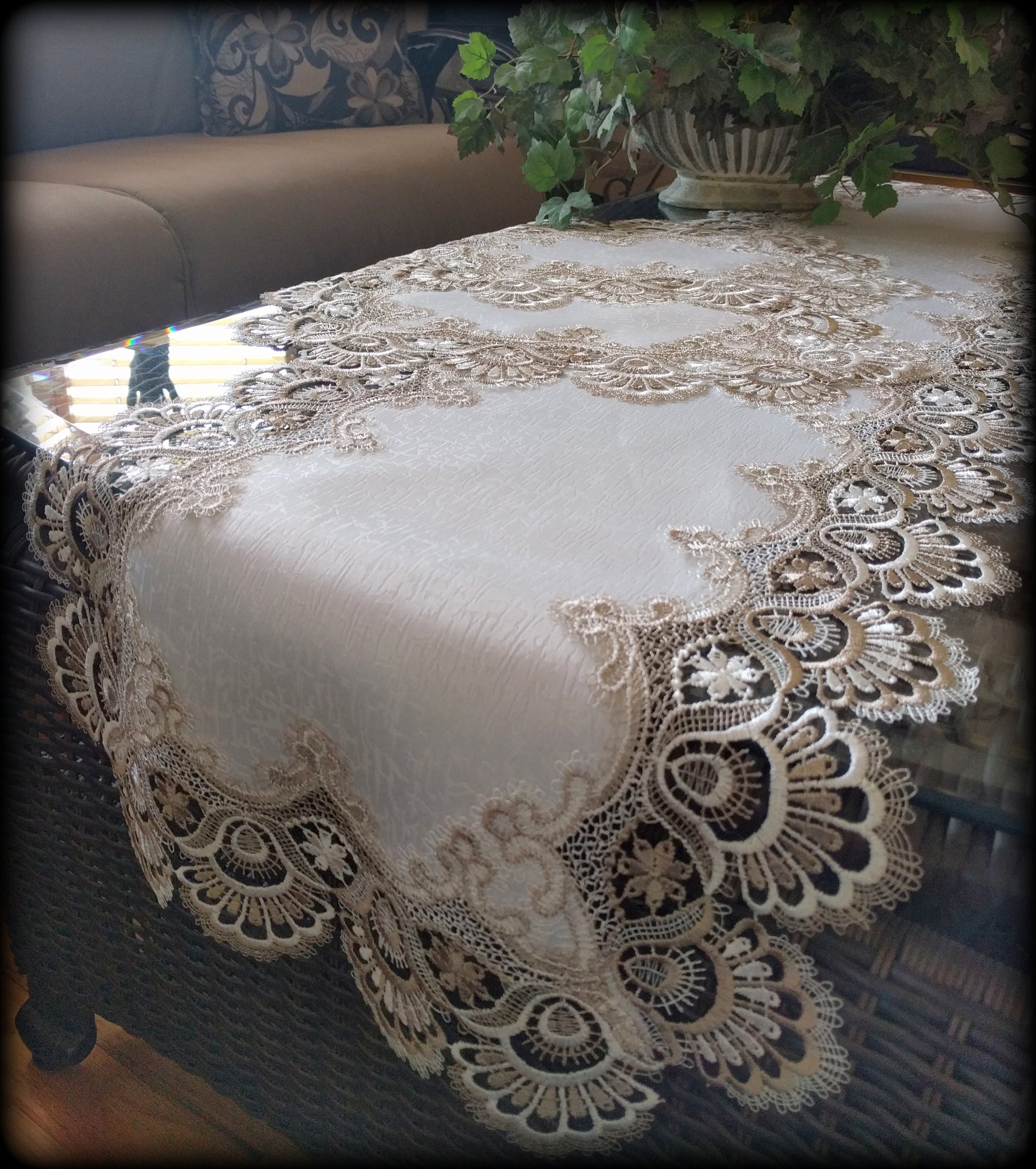 Copy Of Dresser Scarf Taupe Lace 70 Inch Plus 2 Doilies 3 Piece