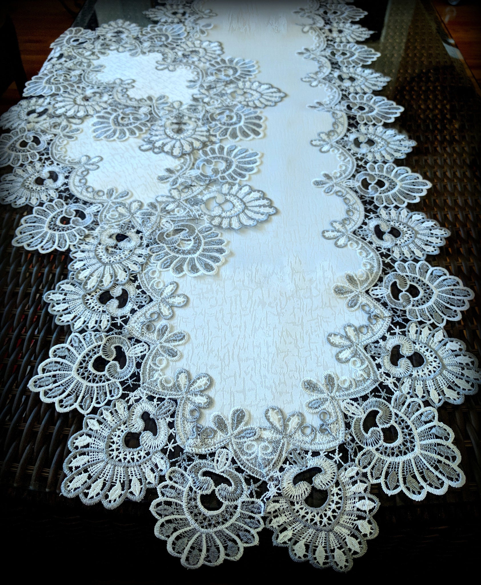 Dresser Scarf Silver Gray Lace Table Runner 54 Antique White Plus